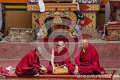 Three buddhist monk during mystical mask dancing in festival at Lamayuru Gompa, Ladakh, North India Editorial Stock Photo