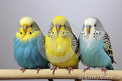 three budgies on a branch on white background Stock Photo