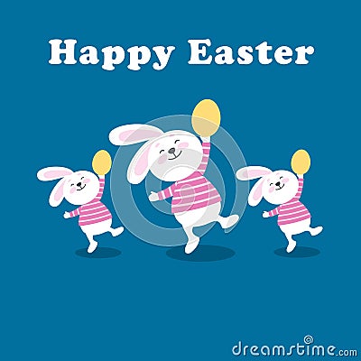 Three rabbits dancing with easter eggs Stock Photo