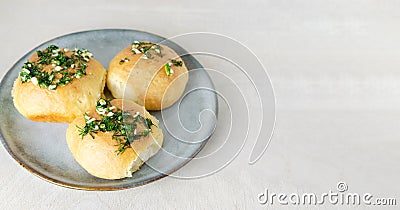 Three buns with garlic and dill sauce with oil in a gray plate. Preparation of pampushky (Pampushky) Stock Photo