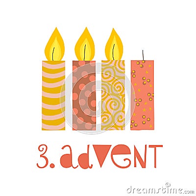 Three burning advent candles vector illustration. Third sunday in advent. 3. Advent german text. Flat Holiday design with candles Vector Illustration