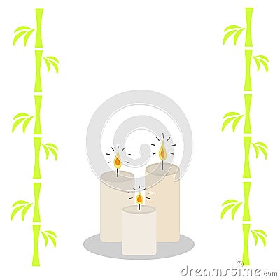 Three burning candles and bamboo. White background Isolated Flat design Vector Illustration