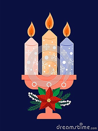 Three burning candles in a candlestick, lit in anticipation of the birth of Jesus Christ, framed by a spruce wreath with Vector Illustration