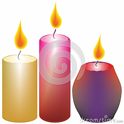 Three burning candles on white the background Vector Illustration