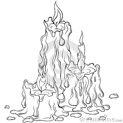 Three burning melted candles line art Vector Illustration