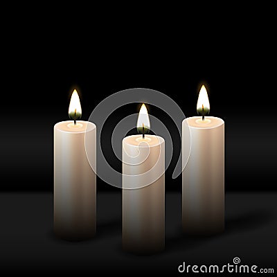 Three burning realistic pillar candle on black background Vector Illustration