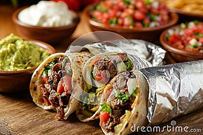 Three Burritos on a Cutting Board With Salsa and Guacamole Stock Photo