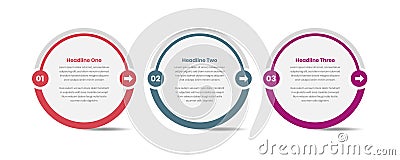 Three business steps presentation infographic template in abstract oval shape with drop shadow Vector Illustration