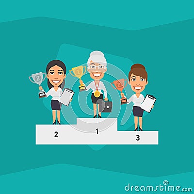 Three Business Woman Standing on Pedestal and Holding Cup Vector Illustration