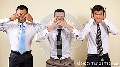 Three businessman covering eyes, mouth and ears Stock Photo