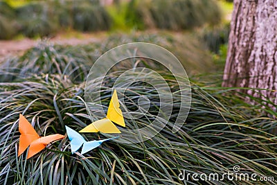 The three butterfly on the grass - paper work Stock Photo