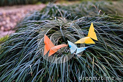 Three butterfly on the grass - paper work Stock Photo