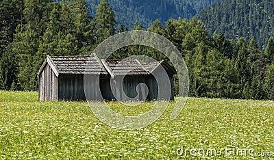 Three Cabins in Meadow Stanzach Stock Photo