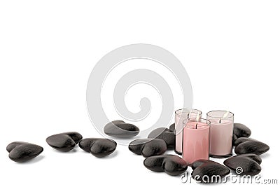 Three candles with black stone heart on white background. 3D ill Stock Photo
