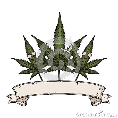 Three cannabis leafs with vintage scroll. Cartoon comic character. Vector Illustration