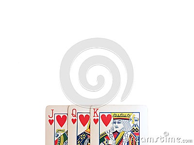 Three cards of heart set of Jack, Queen, King card arrange overlap isolated on white backg Stock Photo