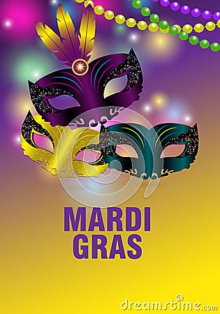 Three carnival masks and feathers on a colorful background for Mardi gras. Greeting card, banner or poster with shining beads. Vector Illustration