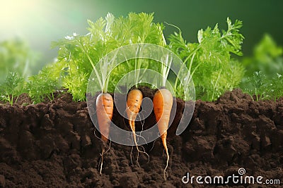 Three carrots with lush tops in rich soil under sunlight Stock Photo