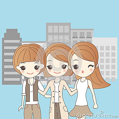 Three cartoon girls smiling Vector Illustration