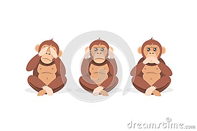 Three cartoon monkey sitting with closed eyes, mouth and ears isolated on white background Vector Illustration