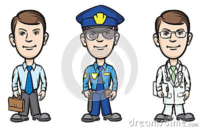 Three cartoon professionals businessman policeman doctor Vector Illustration