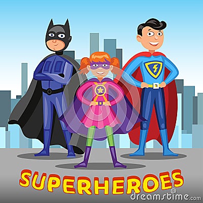 Three cartoon superheroes. Boys and girl in superhero costumes Vector Illustration