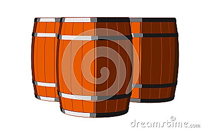 Three cartoon or toon drawing wooden wine or whiskey barrels, casks or kegs with metal hoops on white background Cartoon Illustration