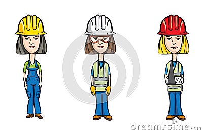 Three cartoon women workers with hardhats Vector Illustration