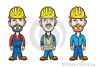 Three cartoon workers in hardhats Vector Illustration