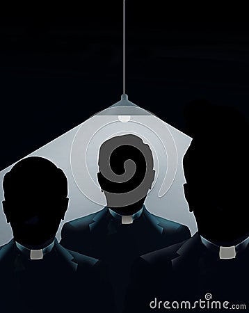 Three Catholic priests appear in shadows Stock Photo