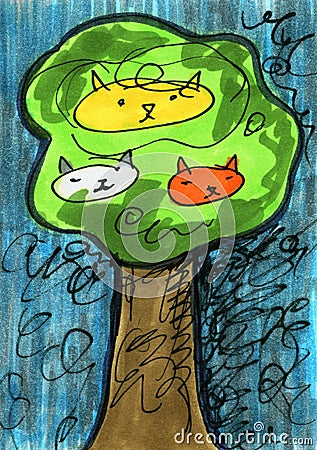 Three Cats in a Tree Whimsical Illustration Stock Photo