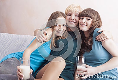 Three Caucasian Young Ladies With Dental Bracket System Having F Stock Photo