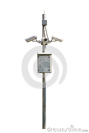 Three CCTV security camera outdoor at steel pole isolated on white background Stock Photo