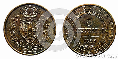 Three cents Lire Savoy Copper Coin 1826 Turin Carlo Felice pre-unification of Italy Stock Photo