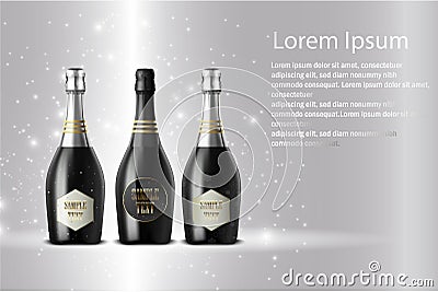 Three champagne wine bottles on sparkling background Vector Illustration