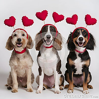 Three charming dogs in heart headbands with decorations against white background Stock Photo