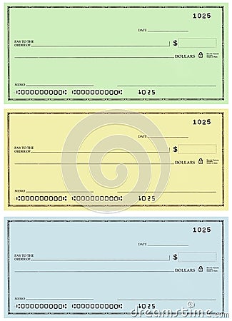 Three checks with no name and false numbers Stock Photo