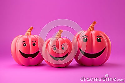 Three cheerful pink pumpkin with eyes on a stylish trendy bright blue pink background. Bright stylish trendy postcard. Stock Photo