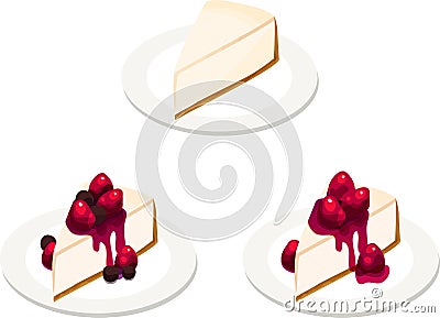 Three Cheesecake Slices with Various Toppings Cartoon Illustration