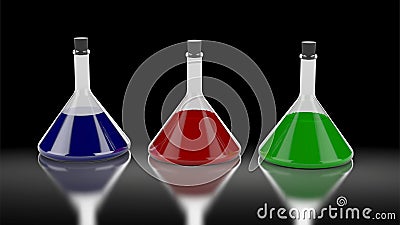 Three chemistry tubes with different colors of liquid. Stock Photo