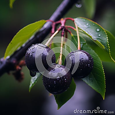 three cherries on a branch with water droplets on them Stock Photo