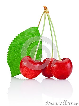 Three Cherry with stem and a leaf isolated on white Stock Photo