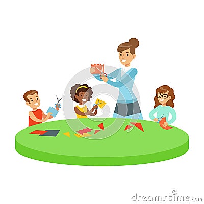 Three Children In Art Class Crafting Applique Cartoon Illustration With Elementary School Kids And Their Teacher In Vector Illustration