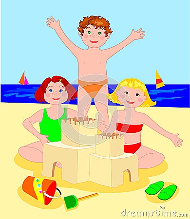 Three children while building a castle of sand Vector Illustration