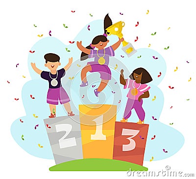 Three children with medals standing on winners pedestal. Winner first-place holds the cup in his hands. Cartoon flat Vector Illustration