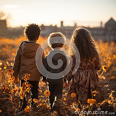 Three children stands with her back to the camera walk Stock Photo
