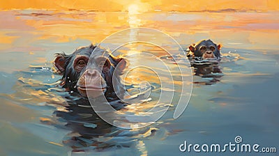 Stunning Ocean Sunset: Chimpy's Aesthetic Swim In An 8k Portrait Painting Stock Photo
