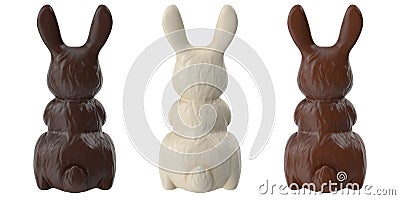 Three chocolate bunnies made from black, milk and white chocolate, isolated on white. Cartoon Illustration