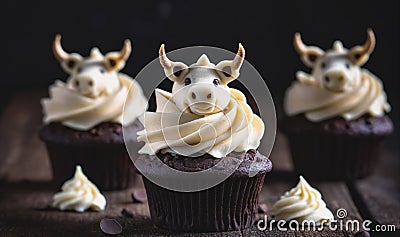 Three chocolate cupcakes topped with white frosting and bull-shaped decorations sit on a wooden table Stock Photo