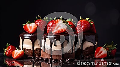 Three chocolates cake with chocolate drips on a black background. Layered cake with milk, black and white chocolate souffle Stock Photo